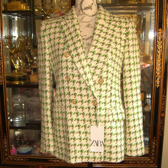 Zara Jackets & Blazers - NWT ZARA IVORY GREEN TEXTURED HOUNDSTOOTH BLAZER JACKET M